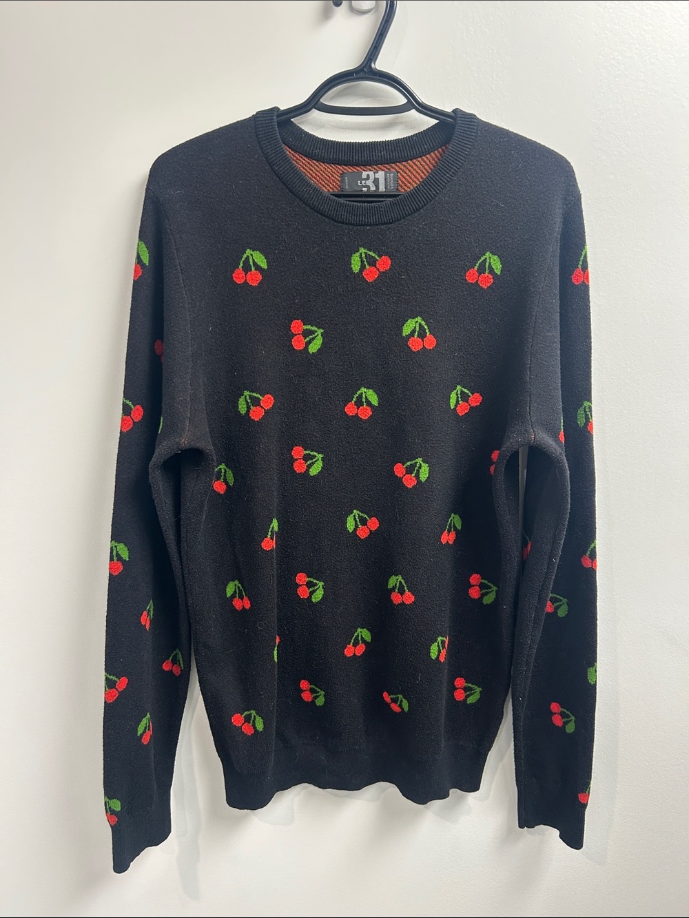 Simons Black Crewneck Sweater with Red Cherry Motif